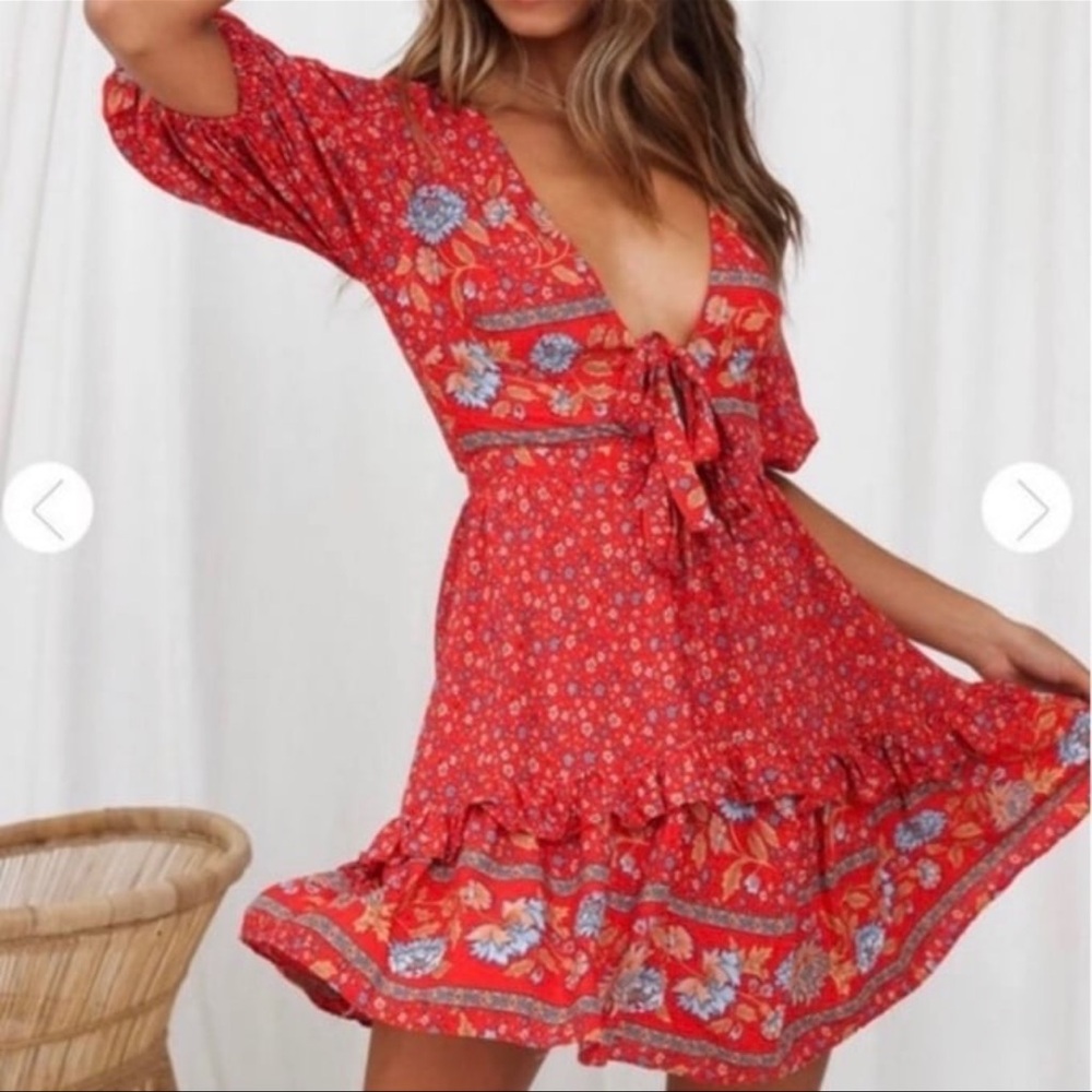 Free People Red and Blue Midi Sundress with Flutter Sleeves and Plunge Neckline